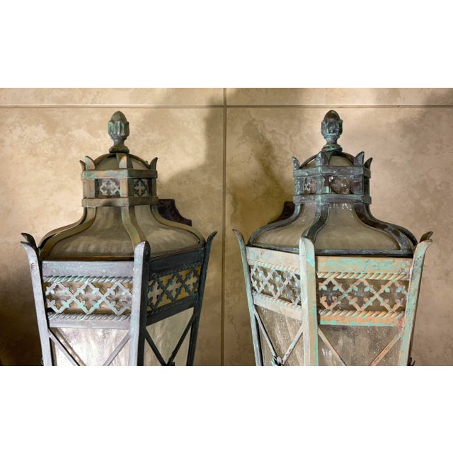1980s Large Pair of Handcrafted Wall-Mounted Solid Brass Lanterns / Sconces For Sale - Image 15 of 18