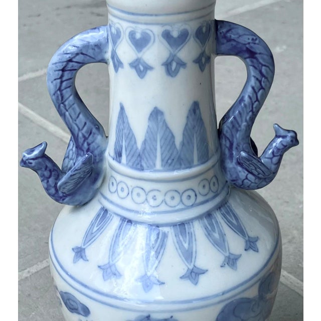 Mid 20th-Century Slender Neck Fengweizun-Style Blue & White Fèng Huáng Handle Dragon Vase For Sale - Image 13 of 17