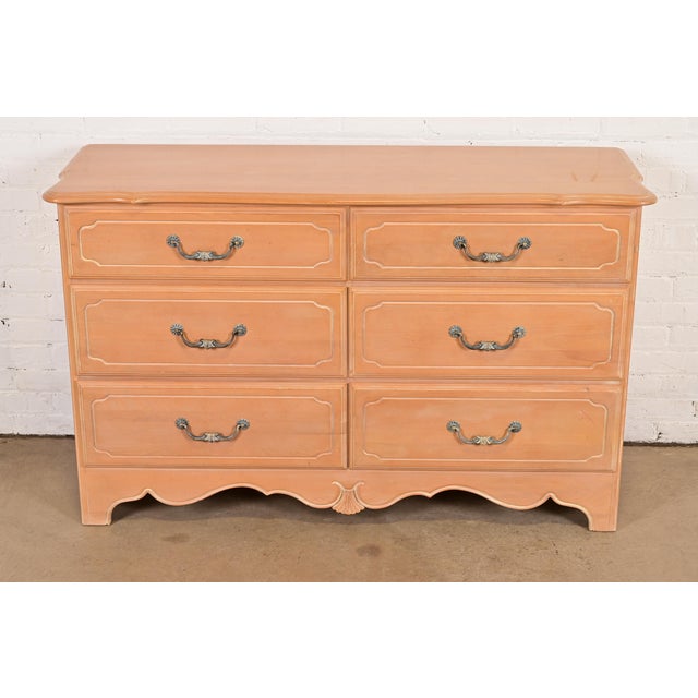 A gorgeous French Provincial or Country French style six-drawer dresser or credenza By Ethan Allen USA, 1993 Carved solid...