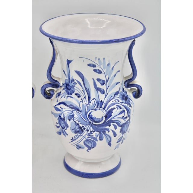 Italian Vintage Italian Blue and White Ceramic Flower Vases - a Pair For Sale - Image 3 of 9