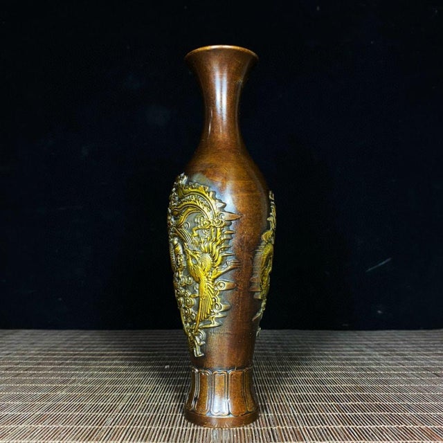 Pair of Gilt Bronze Vases With Dragon & Phoenix Relief — Dragon-Phoenix Auspicious Motif For Sale - Image 4 of 9