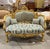 French Style Blue Damask Sofa With Gold Leaf Details For Sale - Image 4 of 5