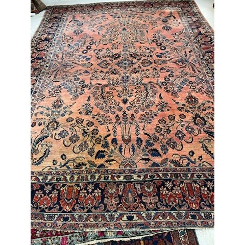 Persian Antique Botanical Sarouk GEM Salmon, Coral, Pink & Peacock Blue Rug 10.3 x 13.4 For Sale - Image 3 of 14