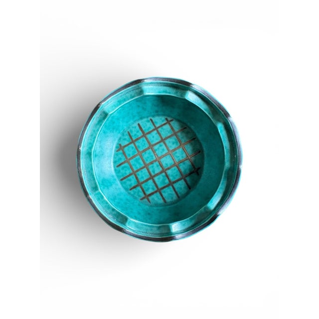 Art Deco 1940s Wilhelm Kåge for Gustavsberg 'Argenta' Round Lattice and Leaves Teal Trinket Box / Sweden For Sale - Image 3 of 6