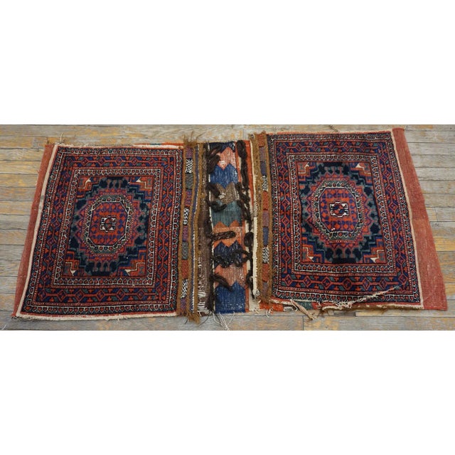 1900s Blue Navy Medallion Tribal Antique Persian Double Saddle-Bag Carpet 2'4" X 4'9" Carpet Rug For Sale In New York - Image 6 of 12