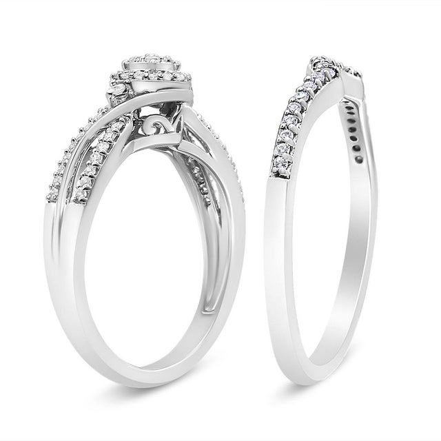 Contemporary .925 Sterling Silver 1/3 Cttw Composite Diamond Frame Bypass Bridal Set Ring and Band (I-J Color, I2-I3 Clarity) - Ring - Size 4 For Sale - Image 3 of 5