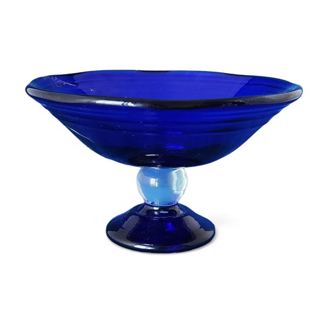 1980s Hand Blown Japanese Cobalt Blue Glass Compote Bowl, C1980s For Sale - Image 5 of 7
