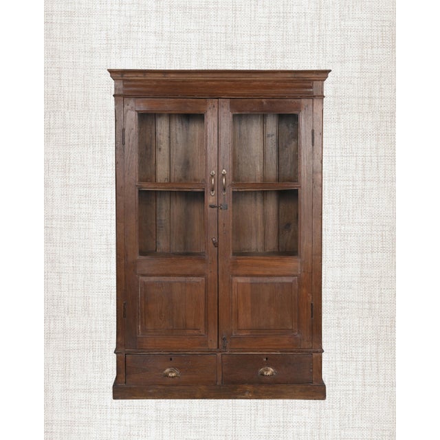 1930s Antique Indian Glass Armoire With Drawers | Rustic Display Cabinet | Vintage Teak Wood Cabinet | Wabi Sabi Decor For Sale - Image 5 of 8
