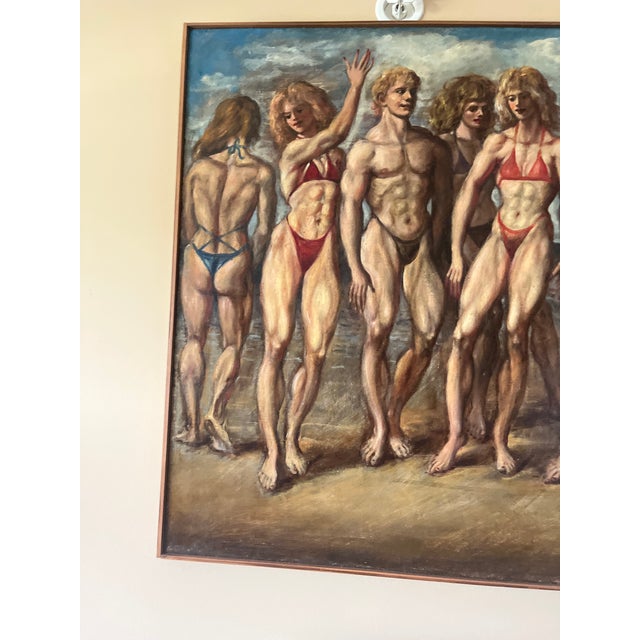 Mid-Century Pop Art Oil Painting Bodybuilders on Beach For Sale - Image 11 of 11