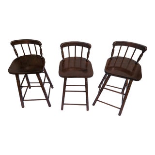 Mid 20th Century Vintage Solid Wood Low Bar Stools With Backs - Set of 3 For Sale