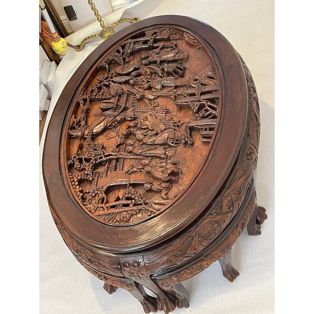 Chinoiserie Vintage Chinese Chinoiserie Carved Coffee Table and 6 Chairs For Sale - Image 3 of 13