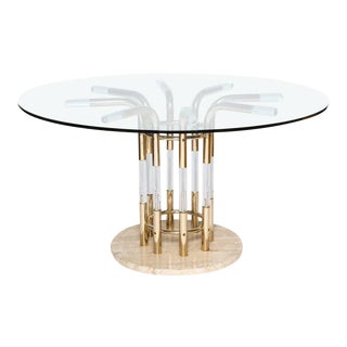1970s Brass, Lucite, & Travertine Round Dining Table For Sale