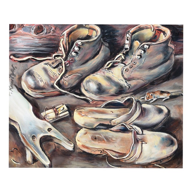 Friedrich Kunitzer, Still Life with Shoes, 1975, Oil on Canvas, Framed For Sale