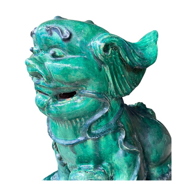 Early 20th Century A Pair of Large Chinese Foo Dog Garden Statues in Green Glaze For Sale - Image 5 of 6