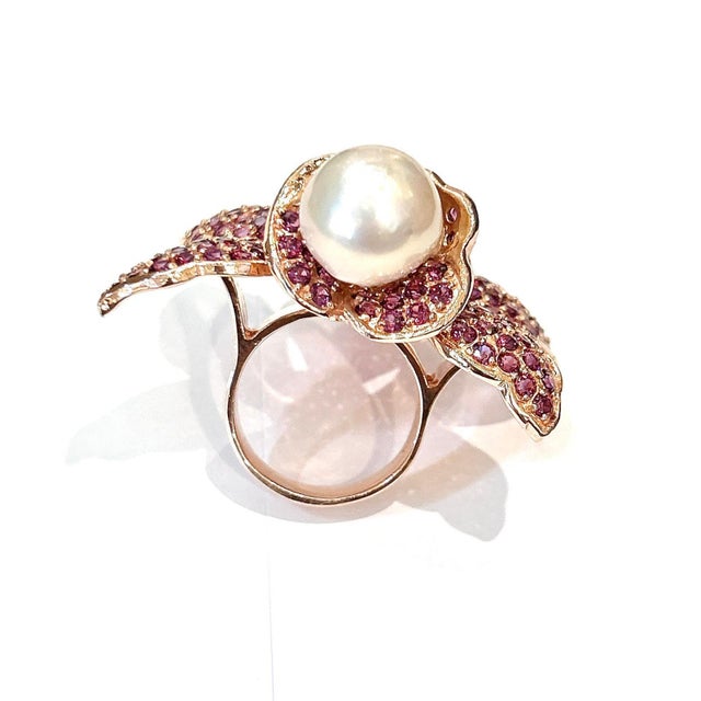 White Bochic "Orient" Vintage Rodorite & Pearl Cocktail Ring Set In 18K Gold & Silver For Sale - Image 8 of 18