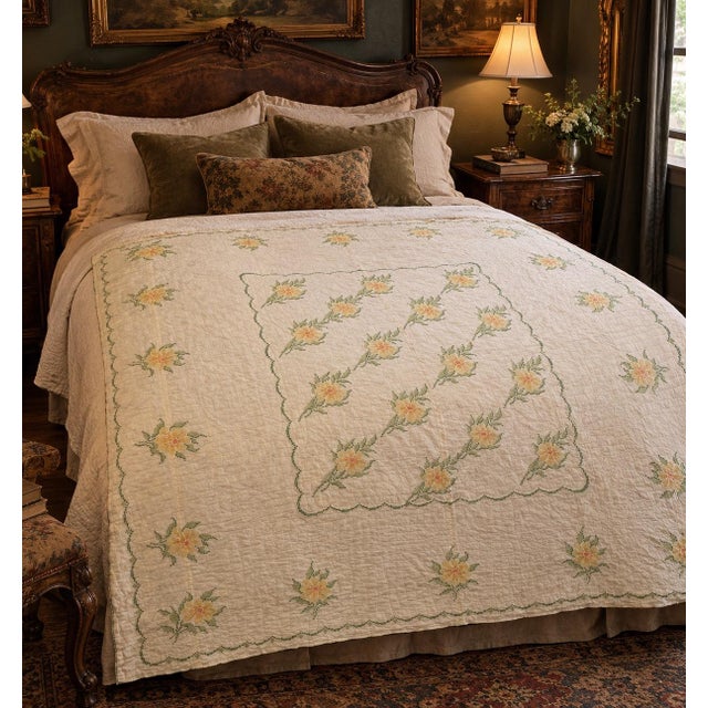 Early 21st Century Antique Handmade Embroidered Quilt – Floral Folk Art Bedspread, Reversible, 92” X 95” For Sale - Image 5 of 13