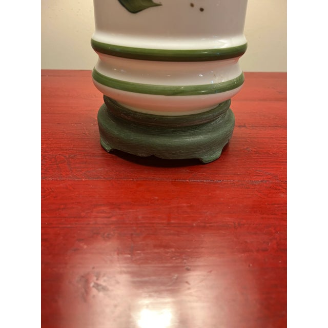 Traditional White Milk Glass Table Lamp With Green Hand Painted Leaves Late 20th Century For Sale - Image 3 of 11