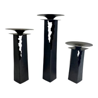 Graduated Patinated Pierced Copper and Brass Candlesticks -Set of 3 For Sale