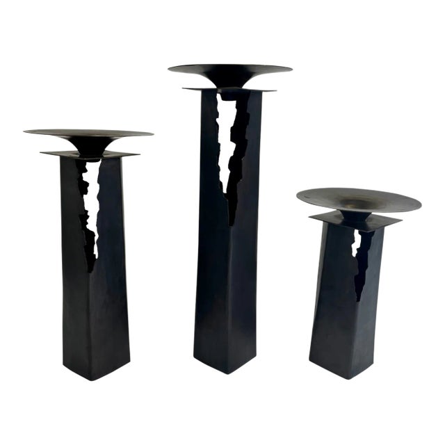 Graduated Patinated Pierced Copper and Brass Candlesticks -Set of 3 For Sale