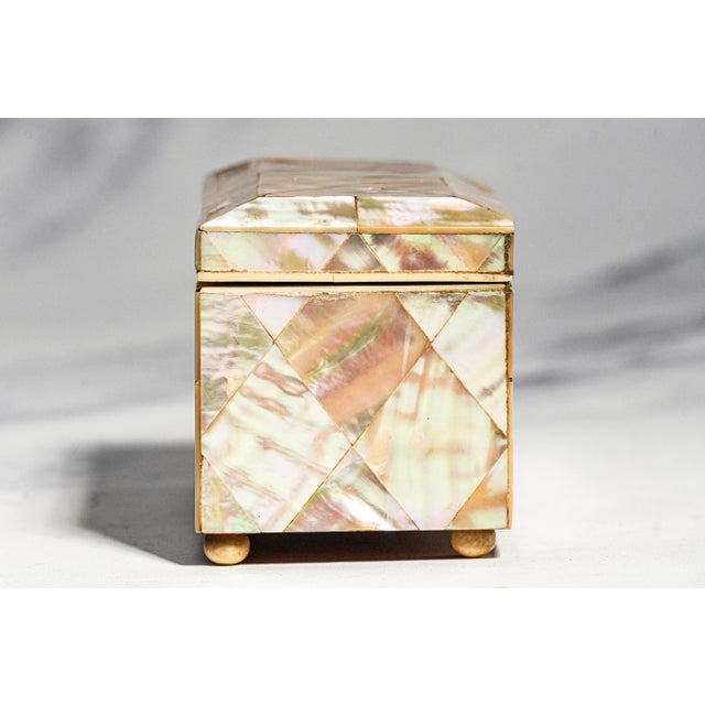 Rare Antique English Mother of Pearl Jewelry Box Victorian Miniature Keepsake Box With Key For Sale - Image 11 of 14