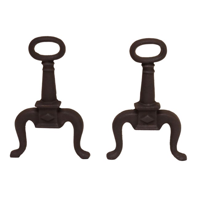 Pair of Petite Arts and Crafts Cast Iron Key Hole Andirons / Fire Dogs For Sale