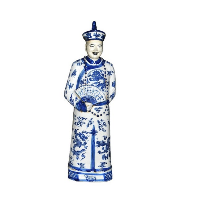 A Chinese Blue and White Porcelain Emperor Figure of Official in Dragon Robe, possibly an Emperor judging by the Symbols...