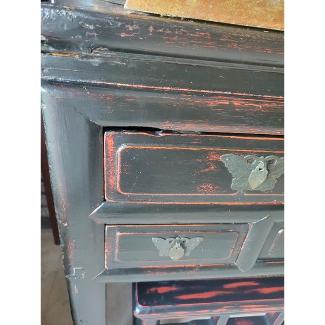 Vintage Black Rustic 5 Drawer Butterfly Hardware Ming Style Leg Console Table For Sale - Image 9 of 11