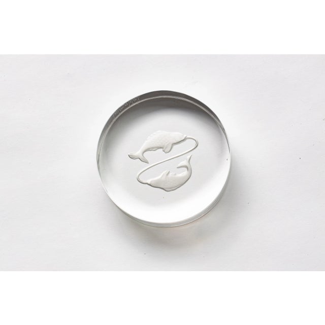 White Val Saint Lambert France Engraved Glass Disc Pisces Paperweight For Sale - Image 8 of 9