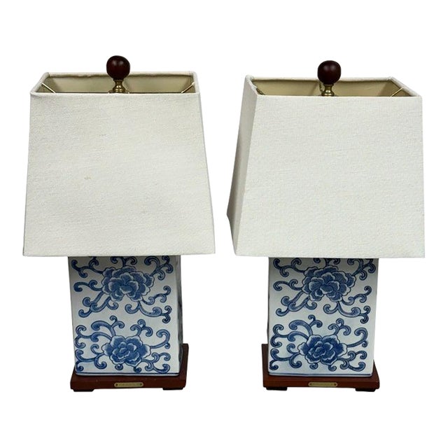 Set of 2 Ralph Lauren "Avalon" Blue Peony & Vine Painted Lamp With Square Cotton Shade For Sale