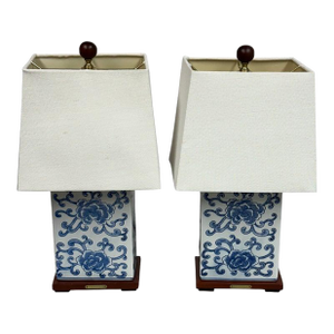 Set of 2 Ralph Lauren "Avalon" Blue Peony & Vine Painted Lamp With Square Cotton Shade