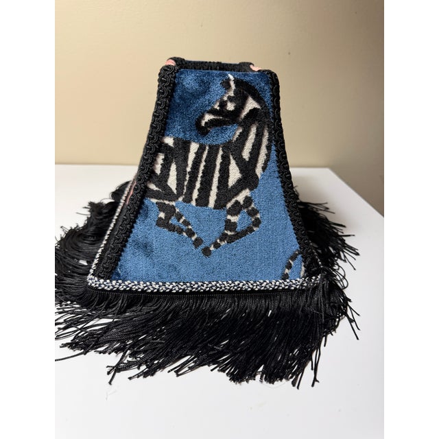 Textile Handmade Zebra Velvet Lampshade in Regal Farlow Fabric in Pink and Blue With Black Fringe For Sale - Image 7 of 7