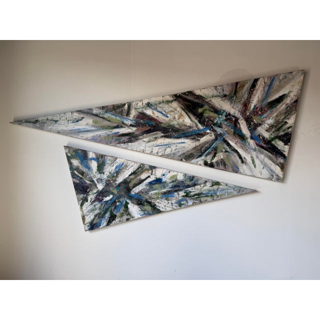 Green Oversized 1989 Vintage Textured Expressionist Abstract Acrylic on Canvas Geometric Paintings – Pair For Sale - Image 8 of 16