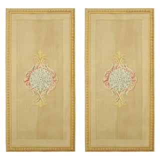 Antique Aubusson Runner Rug Pair in Gold With Floral Medallions | Rug & Kilim For Sale
