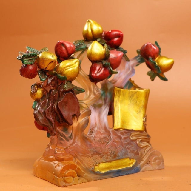 This is a vibrant and intricately crafted sculpture depicting a peach tree, rendered in a traditional Liuli (pate de...