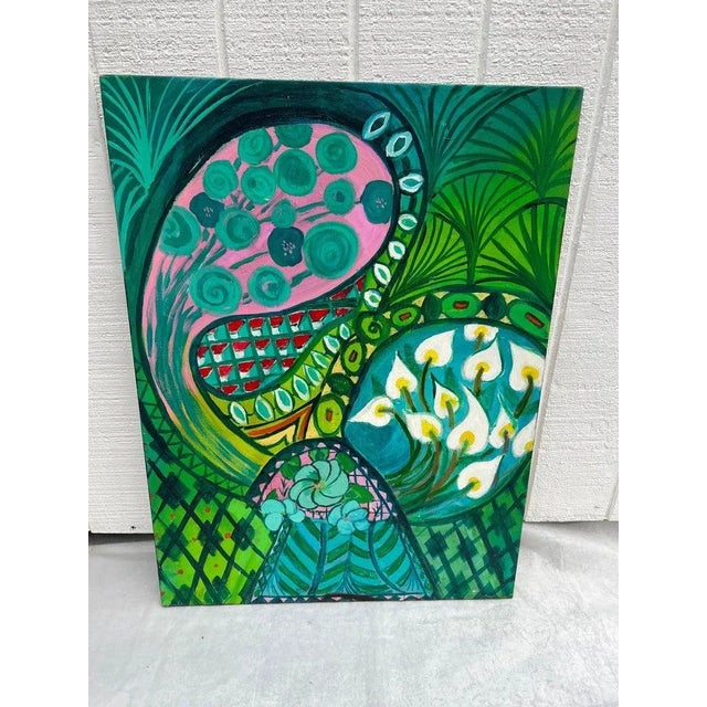 Green Paisley Meditative Painting by Carol Bertrand. Amazing large colorful canvas with green, pink, white and yellow....