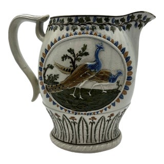 Antique Prattware Polychrome Decorated Pearlware Pitcher With Peafowl, Circa 1820's For Sale