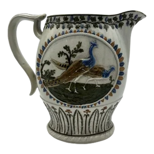 Antique Prattware Polychrome Decorated Pearlware Pitcher With Peafowl, Circa 1820's