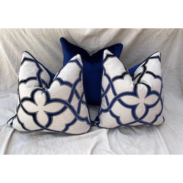 Trio of Blue Velvet/Khaki Decor Pillows For Sale - Image 9 of 9