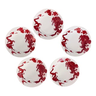 Vintage Fitz & Floyd Temple Dragon Red Soup Bowls Plates Set/ 5 For Sale