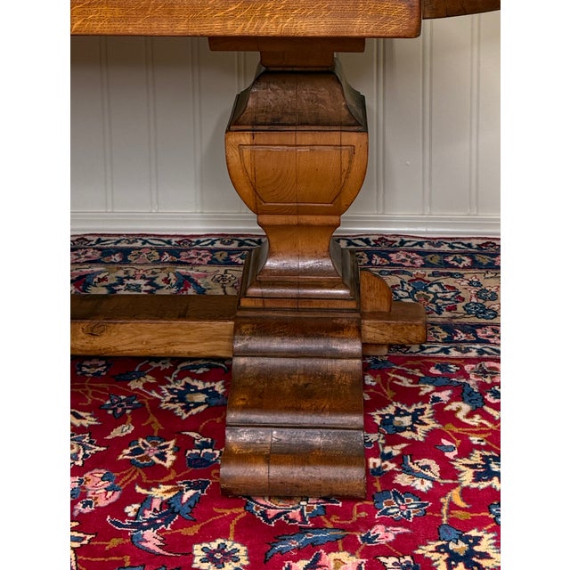 Antique French Country Dining Table Farmhouse Pedestal Trestle Honey Oak 1930s For Sale - Image 9 of 18