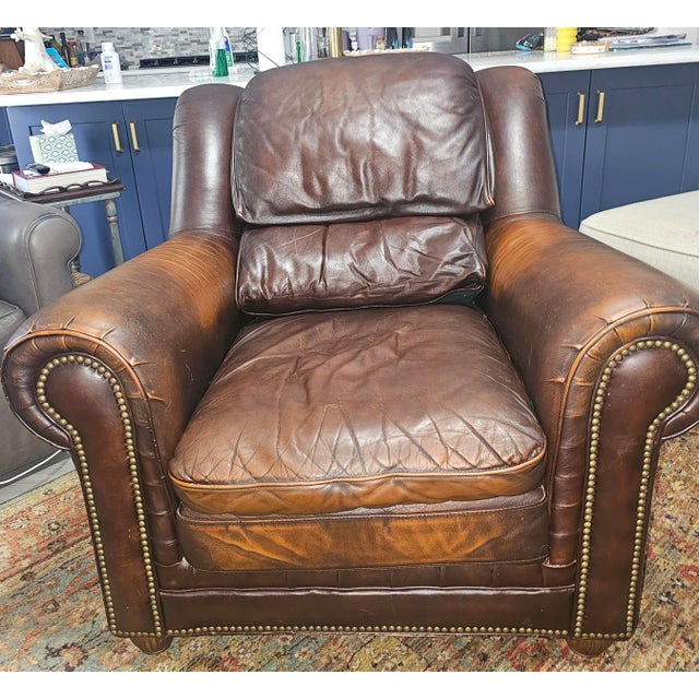 1990s Perfectly Worn Leather & Studded Chair and Matching Ottoman For Sale - Image 5 of 8