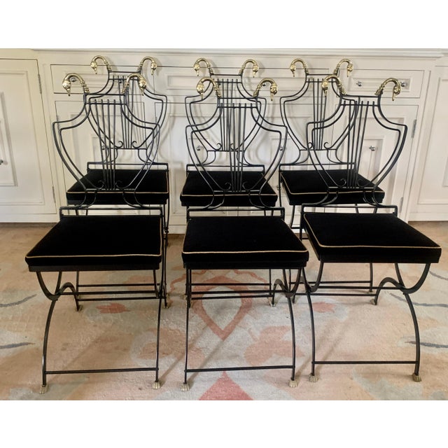 Maison Jansen Brass Swan and Black Lyre Back Folding Chairs with Claw feet - Set of 6 For Sale - Image 10 of 13