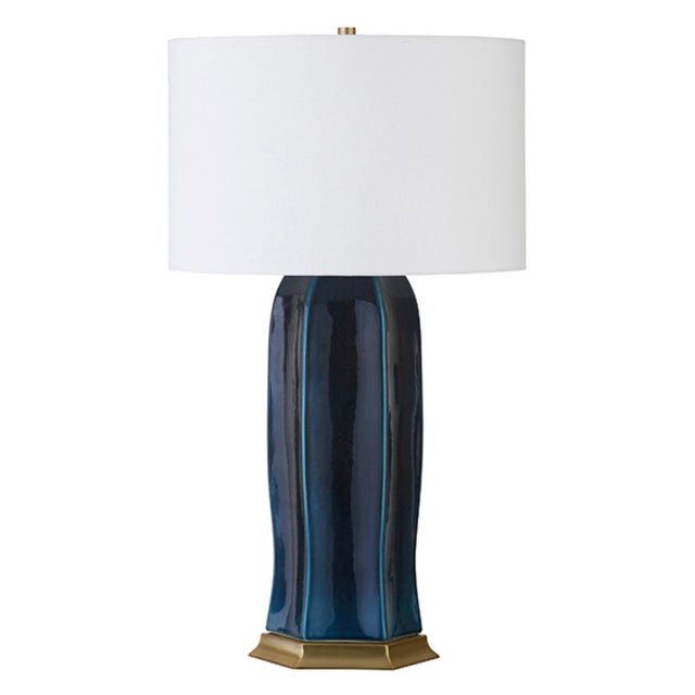 2020s Matthew Izzo Home Barron Glossy Navy Glaze Ceramic Table Lamp With Brass Details and White Shade For Sale - Image 5 of 5