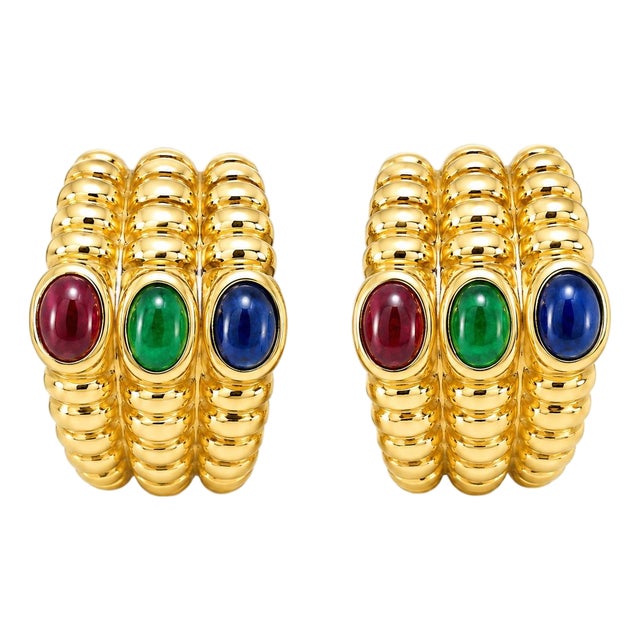 Mid 20th Century 14k Yellow Gold Cabochon Ruby Emerald Sapphire Clip Earrings, Pair For Sale