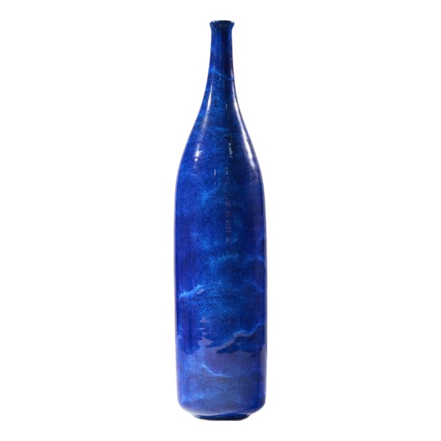 Gertrud and Otto Natzler Mid Century Lapis Blue Glaze Cylindrical Tall Bottle For Sale