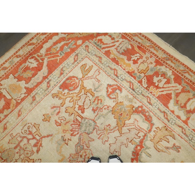 Antique Zabihi Collection Ivory Orange Turkish Oushak Room Size Carpet - 10'7" x 13'3" For Sale - Image 12 of 12