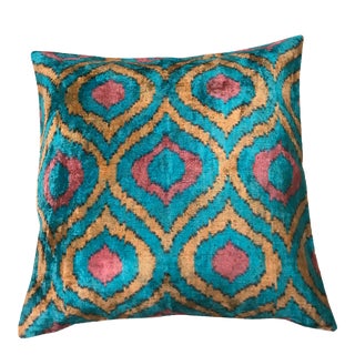 Silk Uzbek Ikat Velvet Hand Made Square Pillow Cushion, 19x19 For Sale