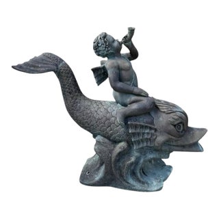 1970s Large Classical Verdigris Bronze Cherub & Dolphin Fountain For Sale