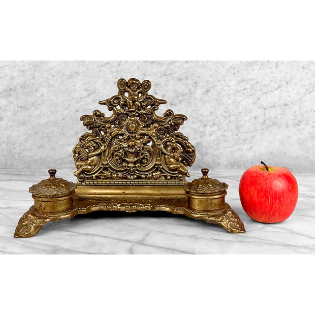 Vintage Italian Rococo Brass Double Inkwell / Letter Holder, c.1970's - Pairs Nicely with Many Traditional & Eclectic...