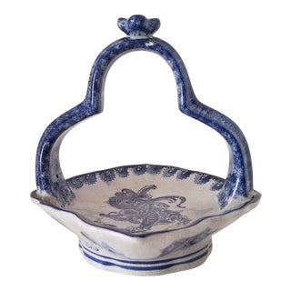 Vintage Baum Bros. Formalities Blue and White Crackled Glass Ceramic Basket For Sale